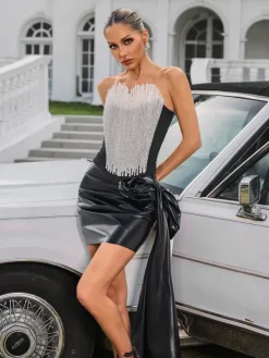 Embellishment|Dresses*Embellishment Bexleya Strapless Draped Leather Mini Dress