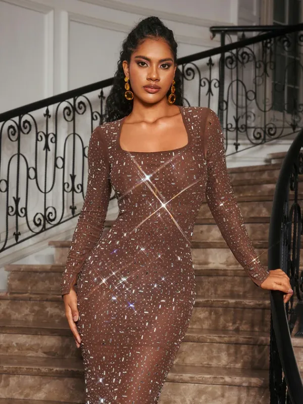 Dresses|Maxi Dresses*Mew Mews Fashion Bhullar Square Neck Rhinestone Maxi Dress
