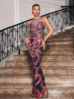Embellishment|Dresses*Embellishment Bieda Snake Printed Rhinestone Maxi Dress
