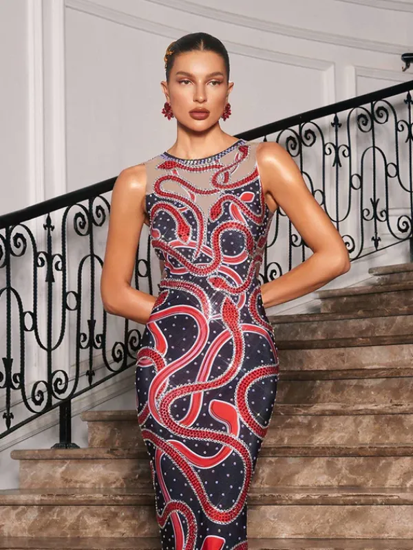Embellishment|Dresses*Embellishment Bieda Snake Printed Rhinestone Maxi Dress