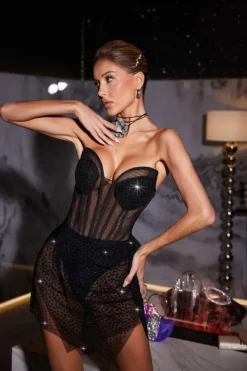 Dresses|Mini Dresses*Mew Mews Fashion Birch Strapless Rhinestone Mesh Dress