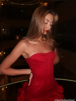 Dresses*Mew Mews Fashion Birtin Strapless Flower Mini Dress In Red