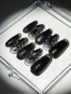 Press On Nails*Mew Mews Fashion Black Cat Eye Crystal Handmade Press On Nails
