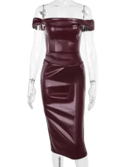 Dresses*Mew Mews Fashion Blaine Off Shoulder Ruched Leather Dress