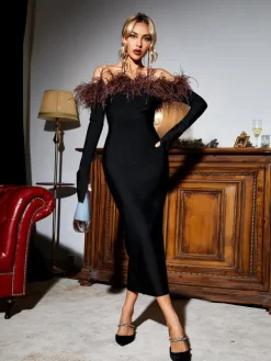 Dresses|Midi Dresses*Mew Mews Fashion Blanche Off Shoulder Feather Trimmed Midi Dress In Black
