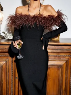 Dresses|Midi Dresses*Mew Mews Fashion Blanche Off Shoulder Feather Trimmed Midi Dress In Black