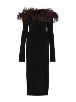 Dresses|Midi Dresses*Mew Mews Fashion Blanche Off Shoulder Feather Trimmed Midi Dress In Black