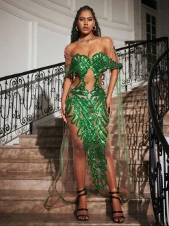Dresses|Maxi Dresses*Jiu Bajia O/S Blondene Cutout Sequin Embellished Maxi Dress