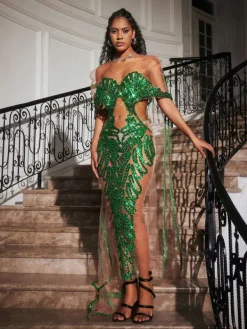 Dresses|Maxi Dresses*Jiu Bajia O/S Blondene Cutout Sequin Embellished Maxi Dress