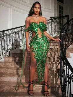 Dresses|Maxi Dresses*Jiu Bajia O/S Blondene Cutout Sequin Embellished Maxi Dress