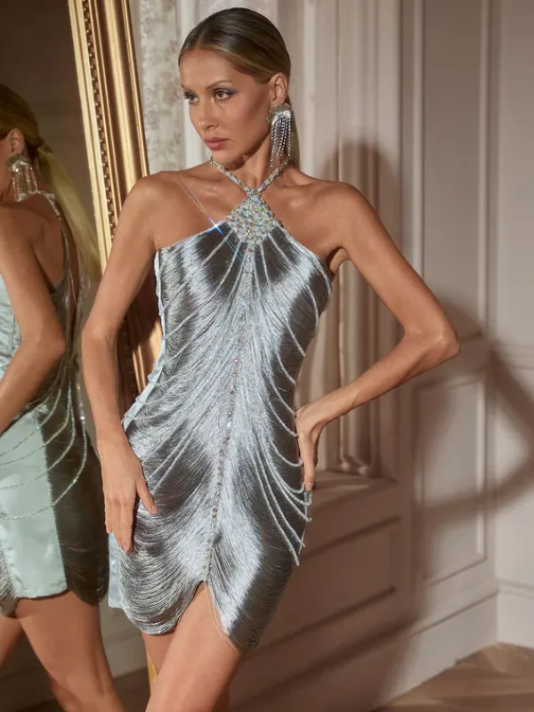 Dresses|Mini Dresses*Mew Mews Fashion Bluma Halterneck Beaded Fringe Mini Dress