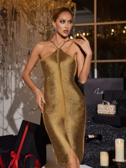 Dresses|Midi Dresses*Mew Mews Fashion Bluma Halterneck Fringe Midi Dress In Gold
