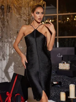 Dresses|Midi Dresses*Mew Mews Fashion Bluma Halterneck Fringe Midi Dress In Black
