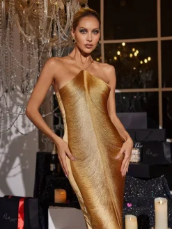Dresses|Maxi Dresses*Mew Mews Fashion Bluma Halterneck Fringe Maxi Dress In Bronze