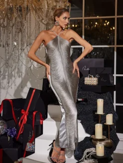 Dresses|Maxi Dresses*Mew Mews Fashion Bluma Halterneck Fringe Maxi Dress In Grey