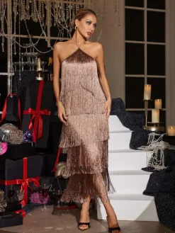 Dresses|Midi Dresses*Mew Mews Fashion Bluma Halterneck Fringe Tiered Midi Dress In Brown