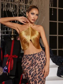 Tops*Mew Mews Fashion Bluma Halterneck Fringe Top In Gold