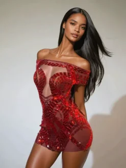 Dresses|Mini Dresses*Jiu Bajia O/S Bly Off Shoulder Rhinestone Mini Dress In Red