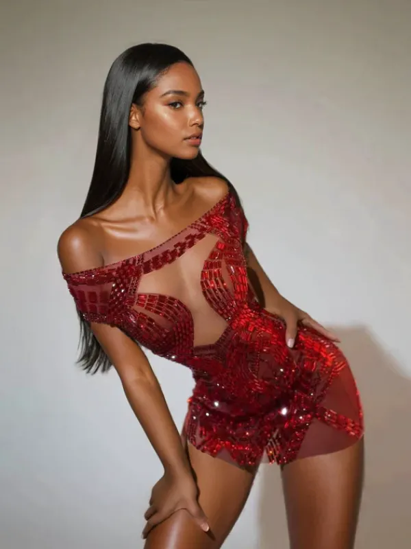 Dresses|Mini Dresses*Jiu Bajia O/S Bly Off Shoulder Rhinestone Mini Dress In Red