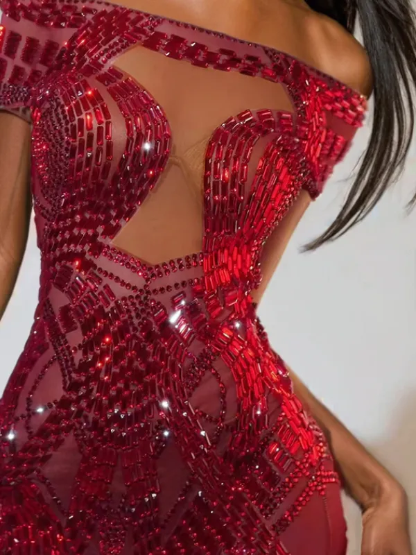 Dresses|Mini Dresses*Jiu Bajia O/S Bly Off Shoulder Rhinestone Mini Dress In Red