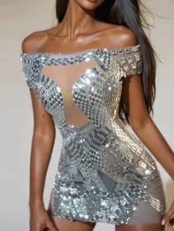 Dresses|Mini Dresses*Jiu Bajia O/S Bly Off Shoulder Rhinestone Mini Dress In Silver