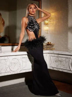 Armor Tops|Dresses*Mew Mews Fashion Boris Halterneck Cutout Feather Maxi Dress