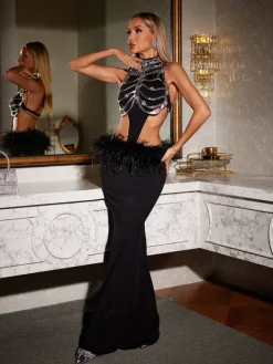 Armor Tops|Dresses*Mew Mews Fashion Boris Halterneck Cutout Feather Maxi Dress
