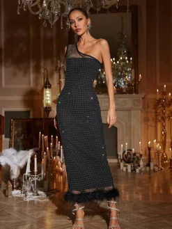 Dresses|Midi Dresses*Bandage Bowie Mesh Diamond Feather Dress