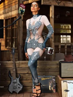 Jumpsuits & Romper*W Jia O/S Branthos Long Sleeve Rhinestone Bat Jumpsuit