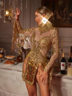 Dresses|Mini Dresses*Jiu Bajia O/S Braychan Embellished Fringe Split Mini Dress In Gold