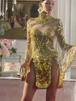 Dresses|Mini Dresses*Jiu Bajia O/S Braychan Embellished Fringe Split Mini Dress In Gold