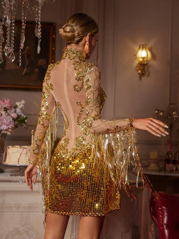 Dresses|Mini Dresses*Jiu Bajia O/S Braychan Embellished Fringe Split Mini Dress In Gold