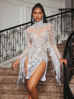 Dresses|Mini Dresses*Jiu Bajia O/S Braychan Embellished Fringe Split Mini Dress In Silver