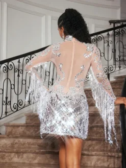 Dresses|Mini Dresses*Jiu Bajia O/S Braychan Embellished Fringe Split Mini Dress In Silver
