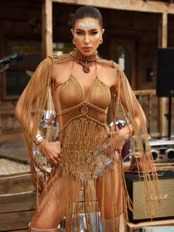 Cover-ups|Swimwear*Mew Mews Fashion O/S Brinzo Fringe Cover Up Dress In Khaki
