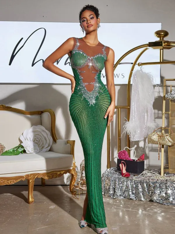 Embellishment|Dresses*Embellishment Brody Printed Rhinestone Split Maxi Dress In Green