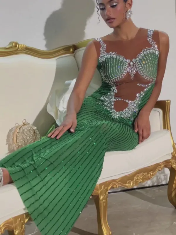 Embellishment|Dresses*Embellishment Brody Printed Rhinestone Split Maxi Dress In Green