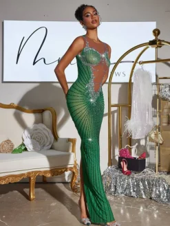 Embellishment|Dresses*Embellishment Brody Printed Rhinestone Split Maxi Dress In Green