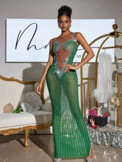 Embellishment|Dresses*Embellishment Brody Printed Rhinestone Split Maxi Dress In Green