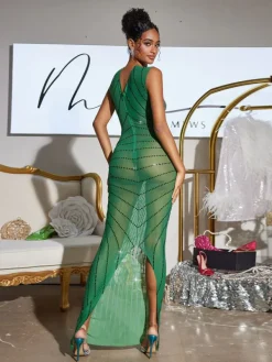 Embellishment|Dresses*Embellishment Brody Printed Rhinestone Split Maxi Dress In Green