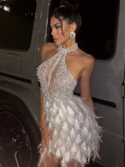 Embellishment|Dresses*Embellishment Bronte Halterneck Pearl Sequin Feather Mini Dress