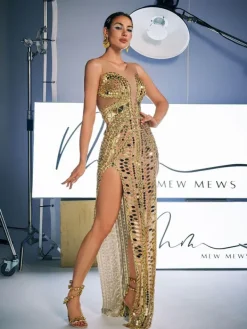 Embellishment|Dresses*Embellishment O/S Brycen Scoop Neck Acrylic Split Maxi Dress