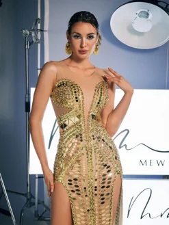 Embellishment|Dresses*Embellishment O/S Brycen Scoop Neck Acrylic Split Maxi Dress