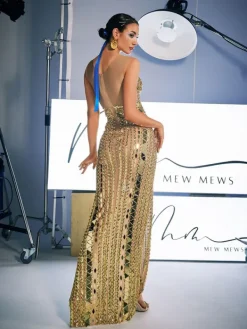 Embellishment|Dresses*Embellishment O/S Brycen Scoop Neck Acrylic Split Maxi Dress