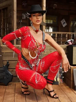 Jumpsuits & Romper|Embellishment*Embellishment Brynx One Shoulder Cutout Chain Jumpsuit In Red