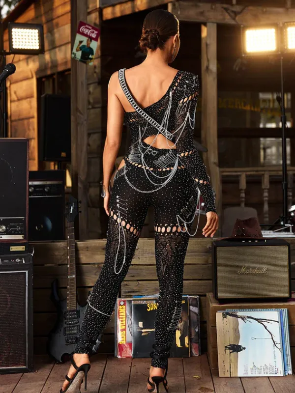Jumpsuits & Romper|Embellishment*Embellishment Brynx One Shoulder Cutout Chain Jumpsuit In Black