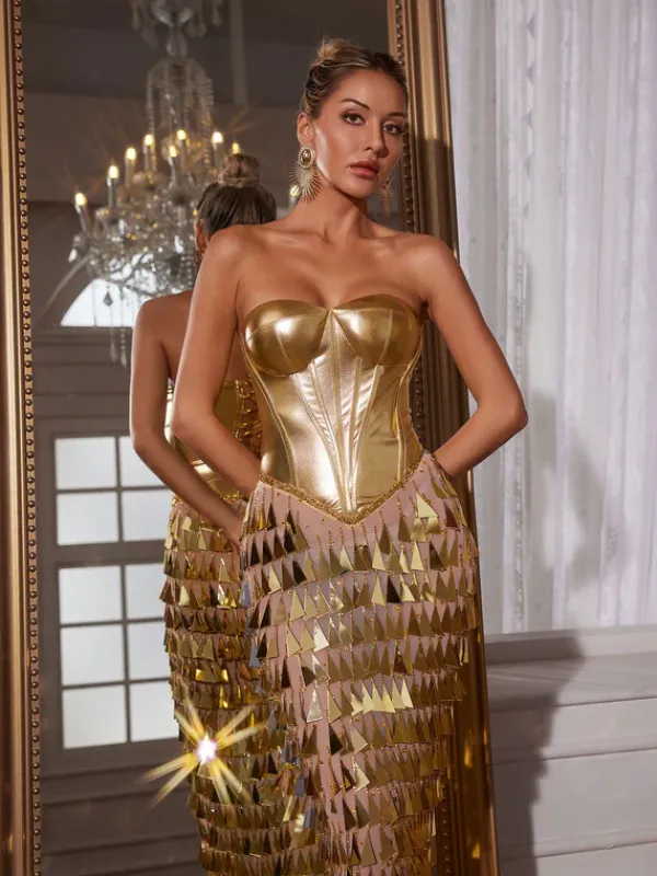 Embellishment|Dresses*Embellishment Buck Corset Acrylic Fringe Maxi Dress