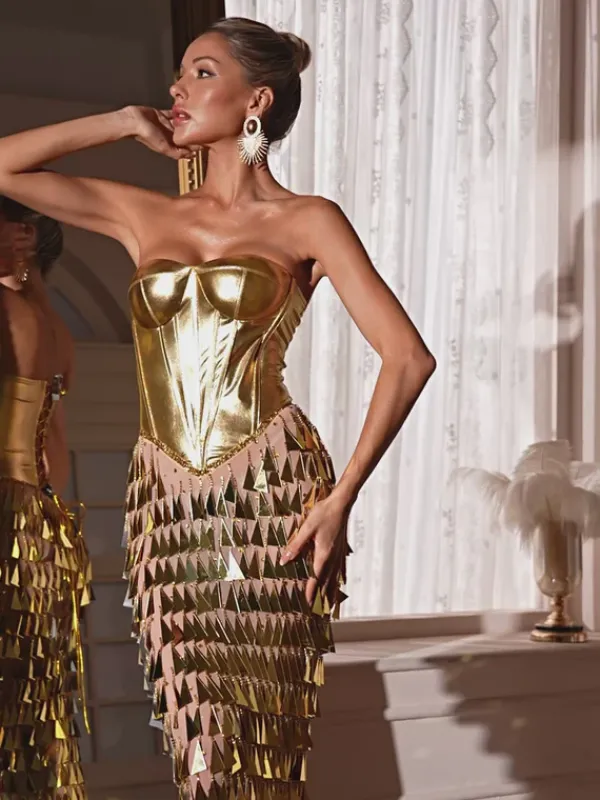 Embellishment|Dresses*Embellishment Buck Corset Acrylic Fringe Maxi Dress