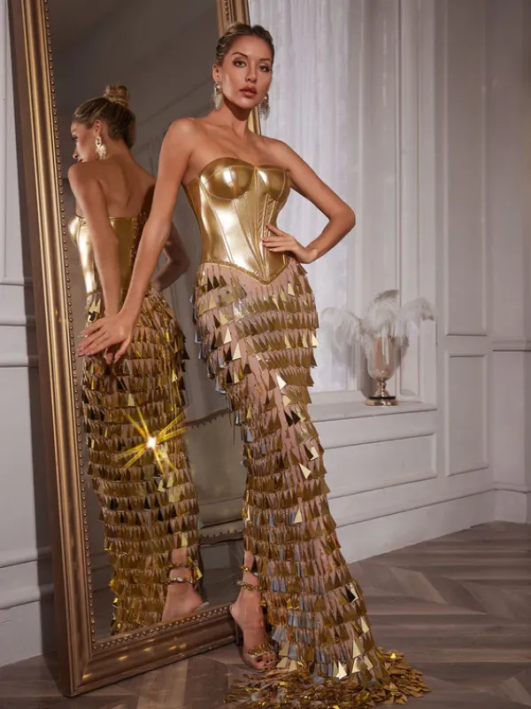 Embellishment|Dresses*Embellishment Buck Corset Acrylic Fringe Maxi Dress