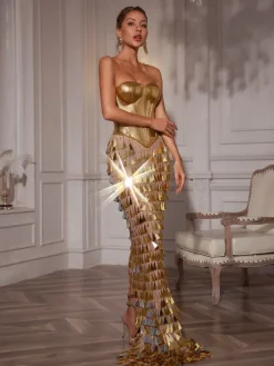 Embellishment|Dresses*Embellishment Buck Corset Acrylic Fringe Maxi Dress